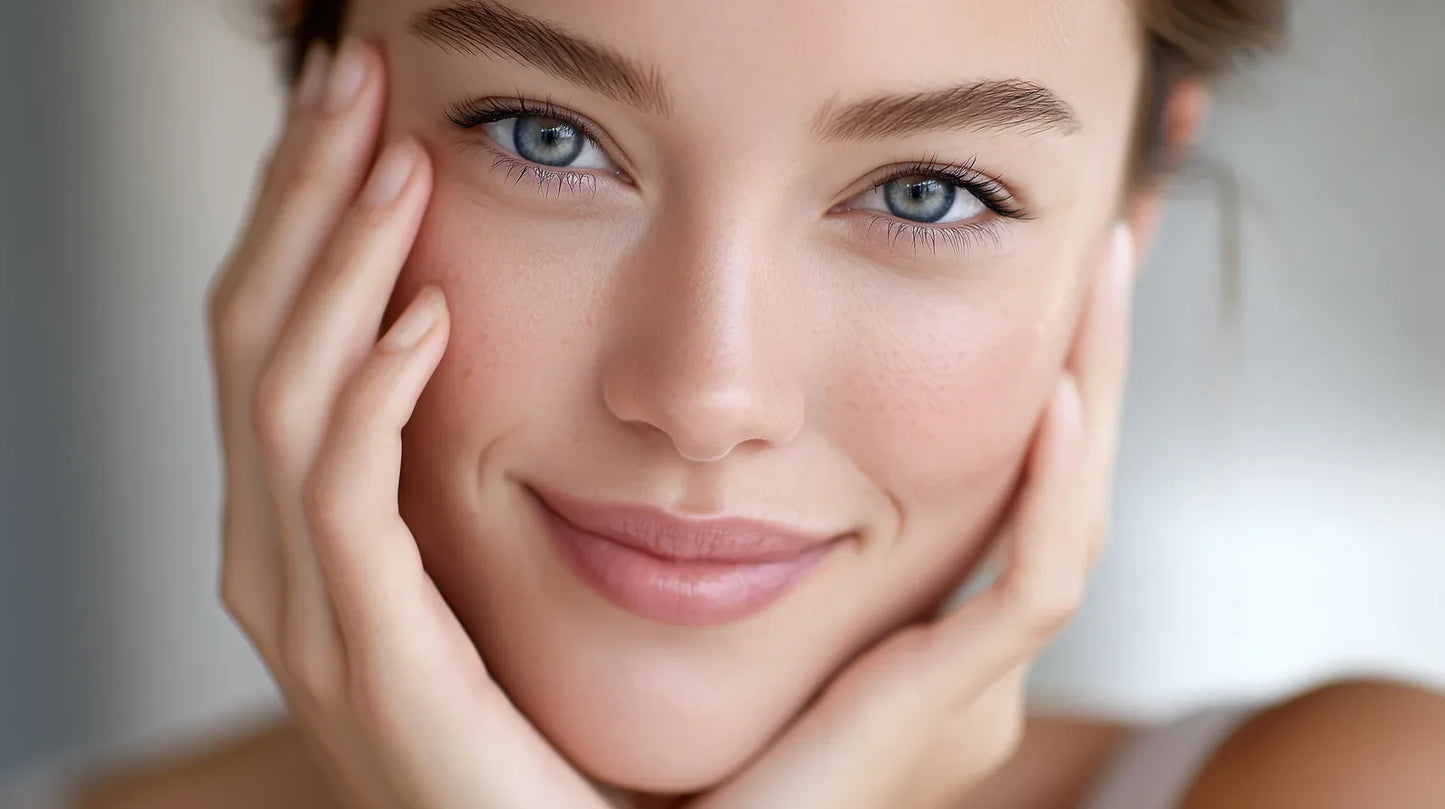 Smiling model cupping her face in both hands, skin looking clear and balanced, the Alpine Probiotic Balance Regulating Complex ritual