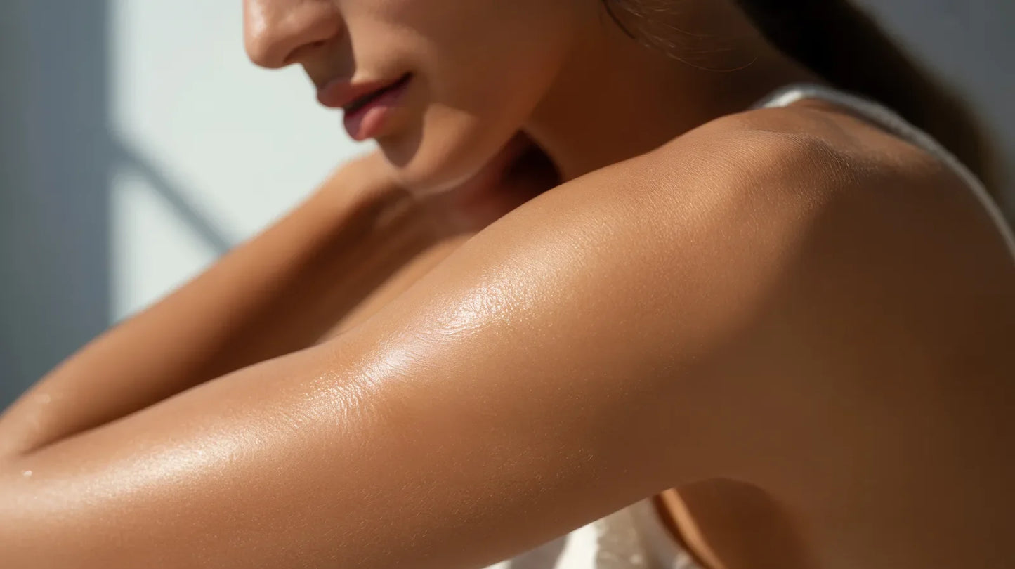 Model glancing over her bare shoulder in sunlight