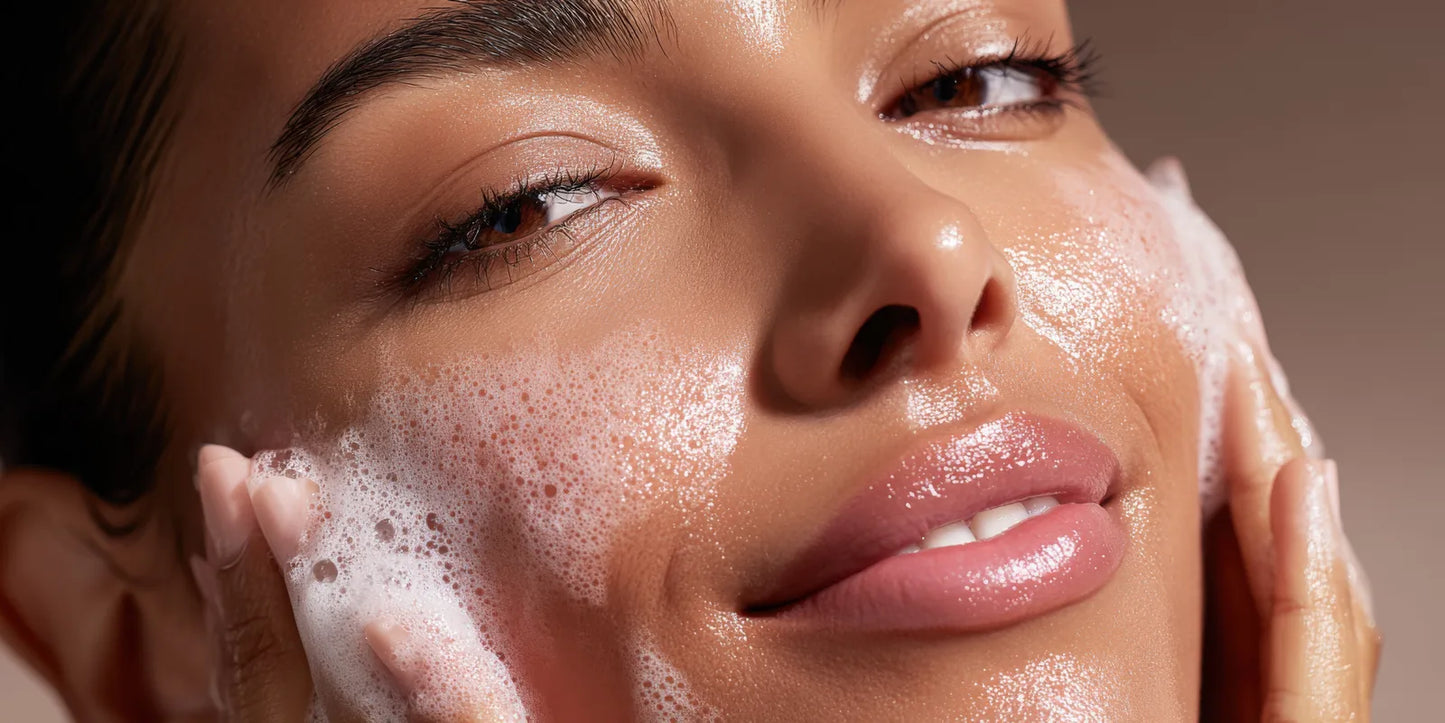 Model with eyes closed and cleansing foam on her cheek, the Frangipani and Agave Nectar Facial Cleanser ritual