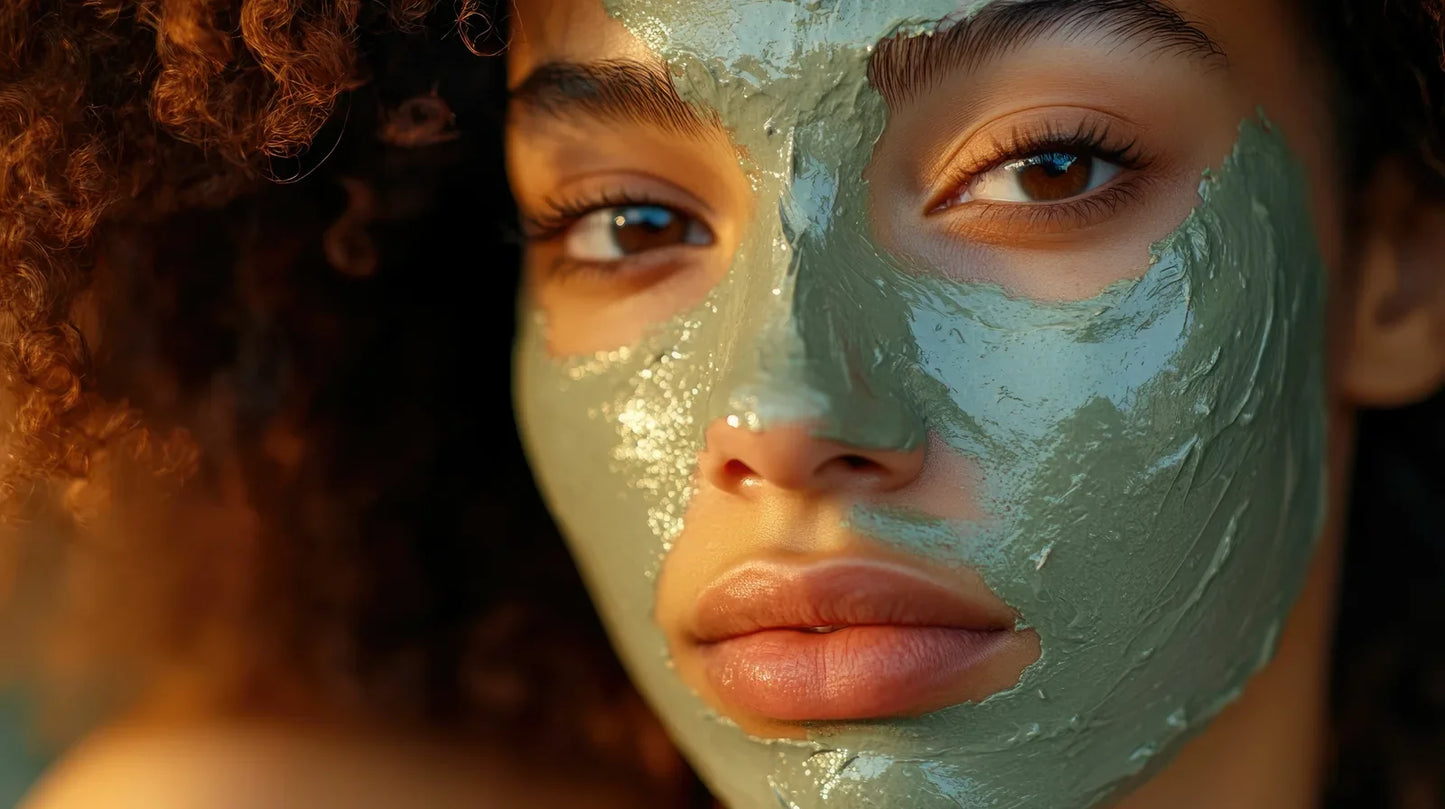 Model wearing a green mineral clay mask across her face in warm light, the Hemp-Infused Mineral Clay Mask ritual