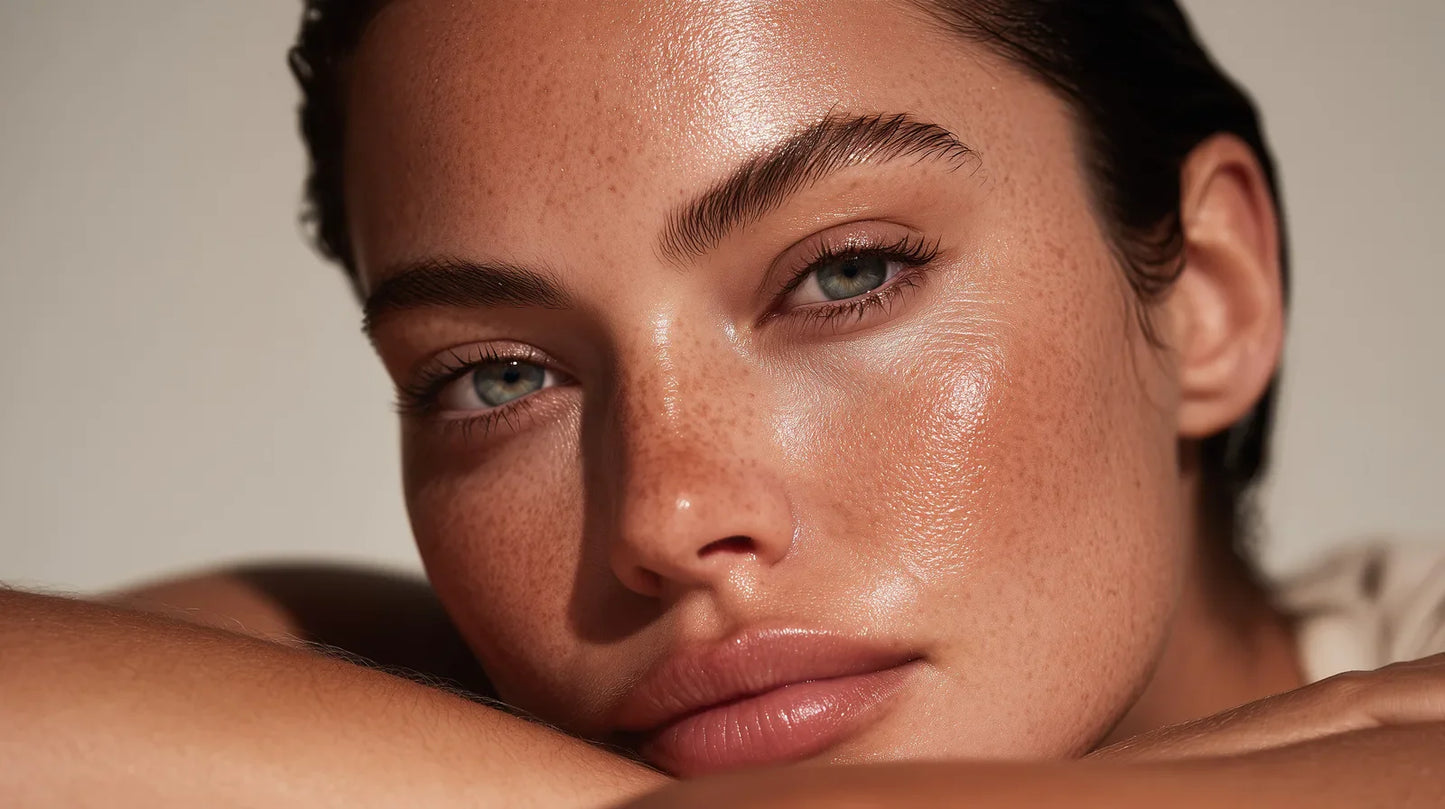 Model with a glass-like, dewy complexion resting her face toward the light, the Illume Glass Skin Gel ritual