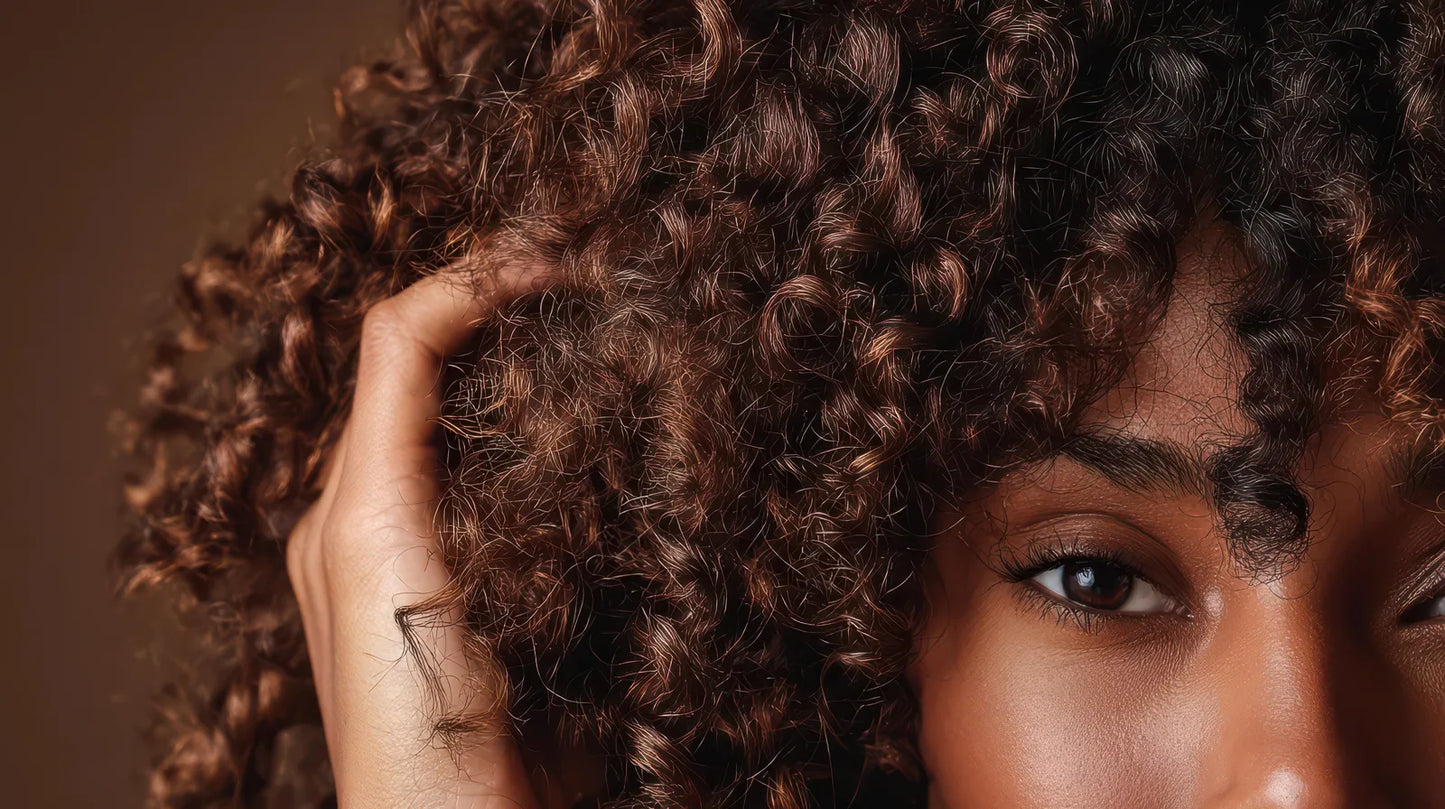 Woman with rich brown curls running a hand through her hair