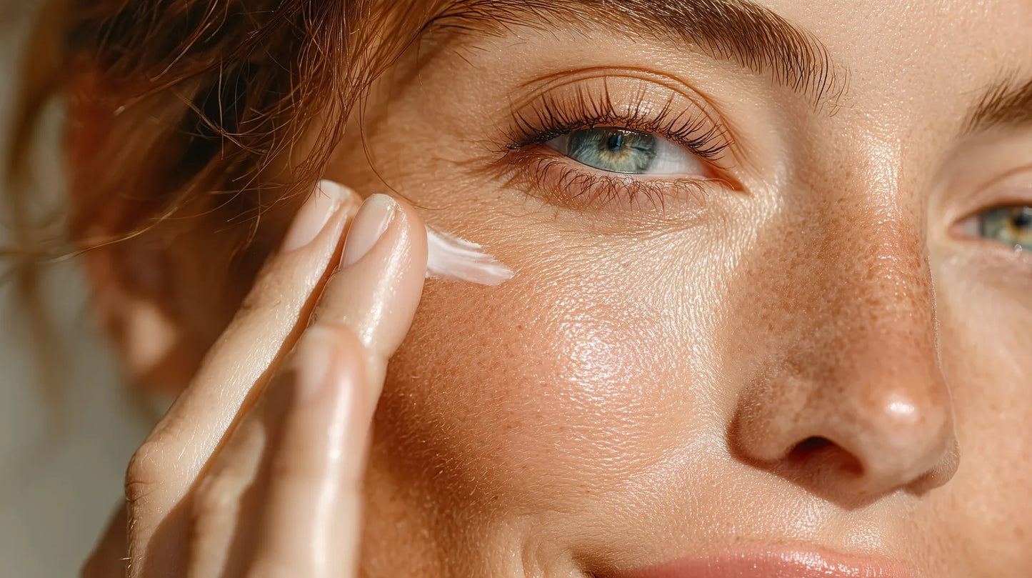 Woman smoothing cream onto her freckled cheek with one fingertip, the Moonlit Cocoon Night Cream ritual