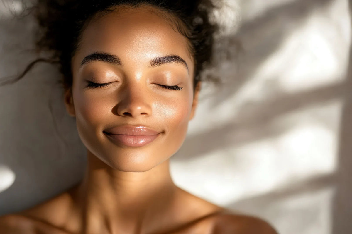 Woman relaxing with eyes closed and a soft smile in dappled sunlight
