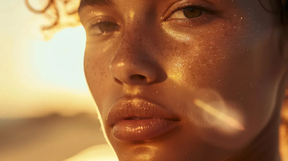 Close-up of a freckled face with dewy skin in golden-hour light