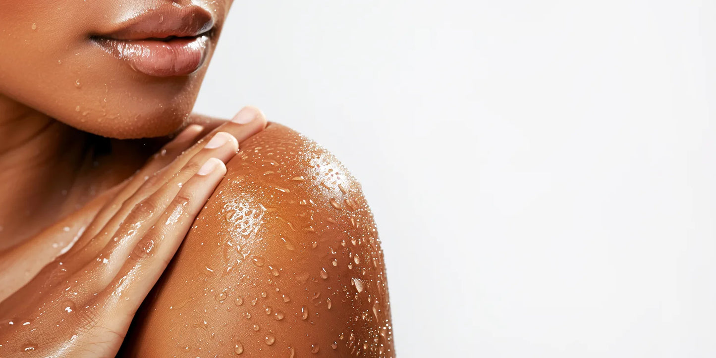 Model smoothing cleanser over a wet shoulder dotted with water droplets
