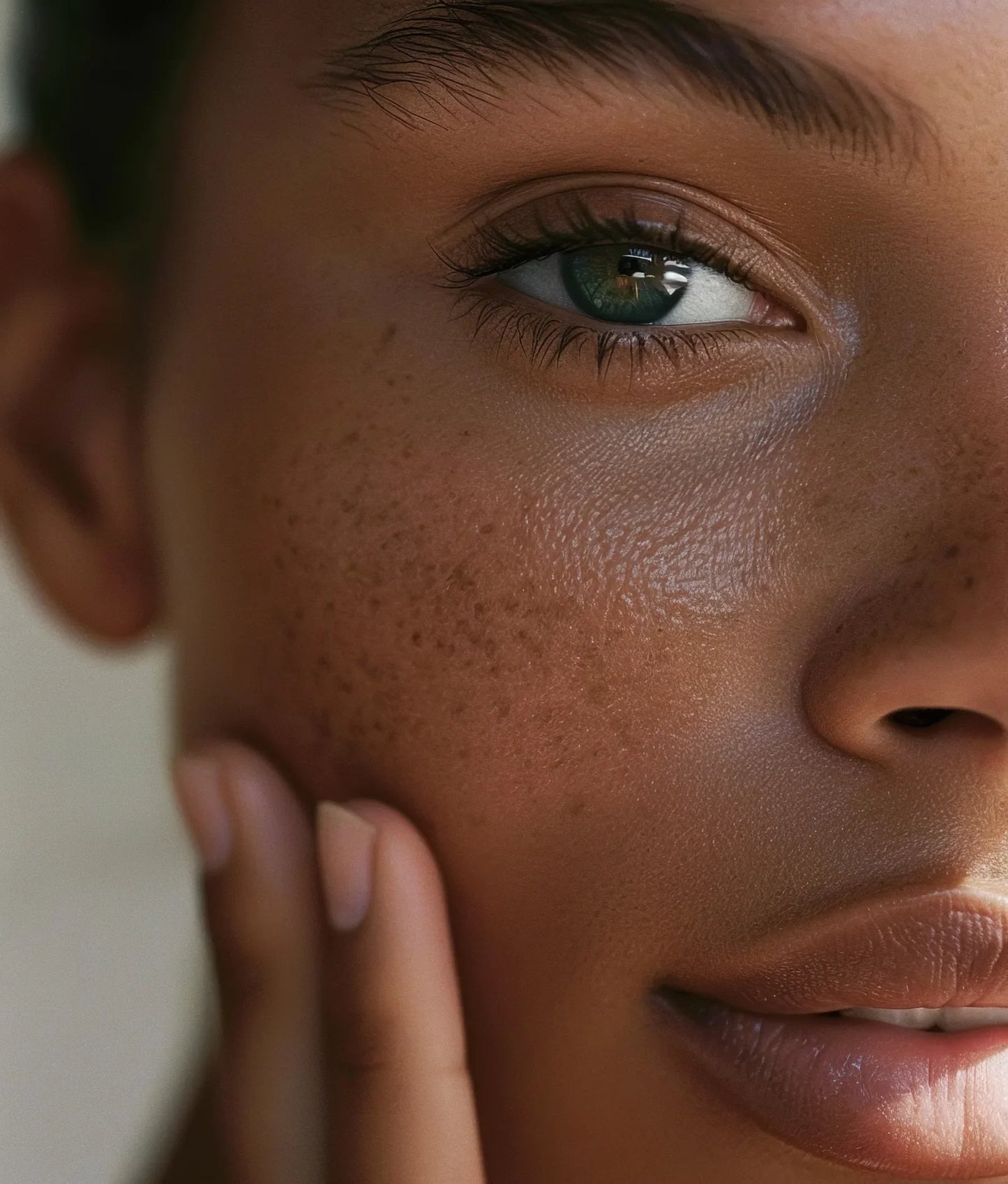 Model gently touching her cheek, skin looking calm and rested, the Swiss Yogurt and Alpine Rose Probiotic Complex ritual