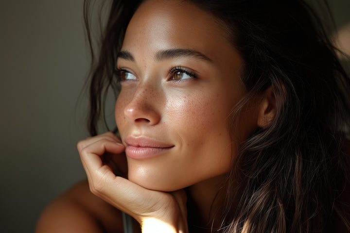 Model with dewy skin resting her chin on her hand in warm evening light, the Orchid Overnight Infusion Milk ritual