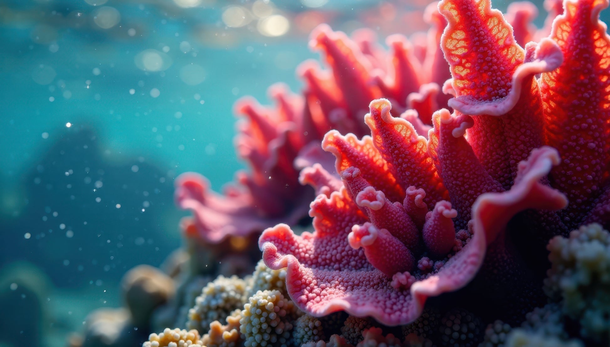 Ruffled red algae on a sunlit underwater reef, the marine origin of Hydrolyzed Rhodophyceae Extract