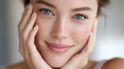 Smiling model cupping her face in both hands, skin looking clear and balanced, the Alpine Probiotic Balance Regulating Complex ritual