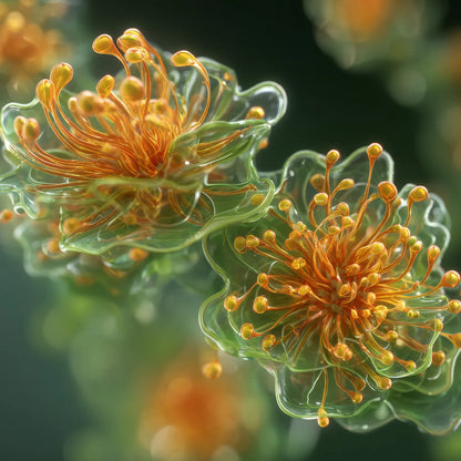 A stylized macro illustration of golden blossoms encased in translucent gel