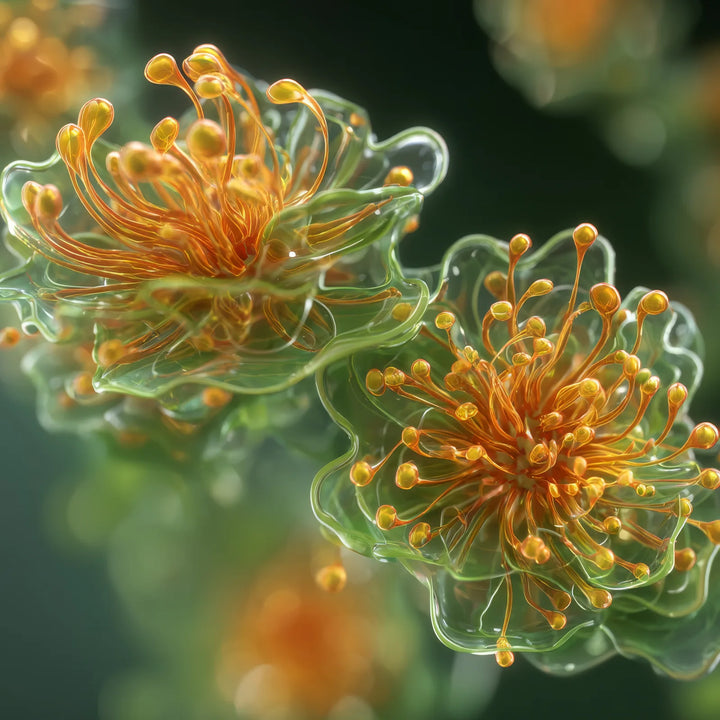 A stylized macro illustration of golden blossoms encased in translucent gel