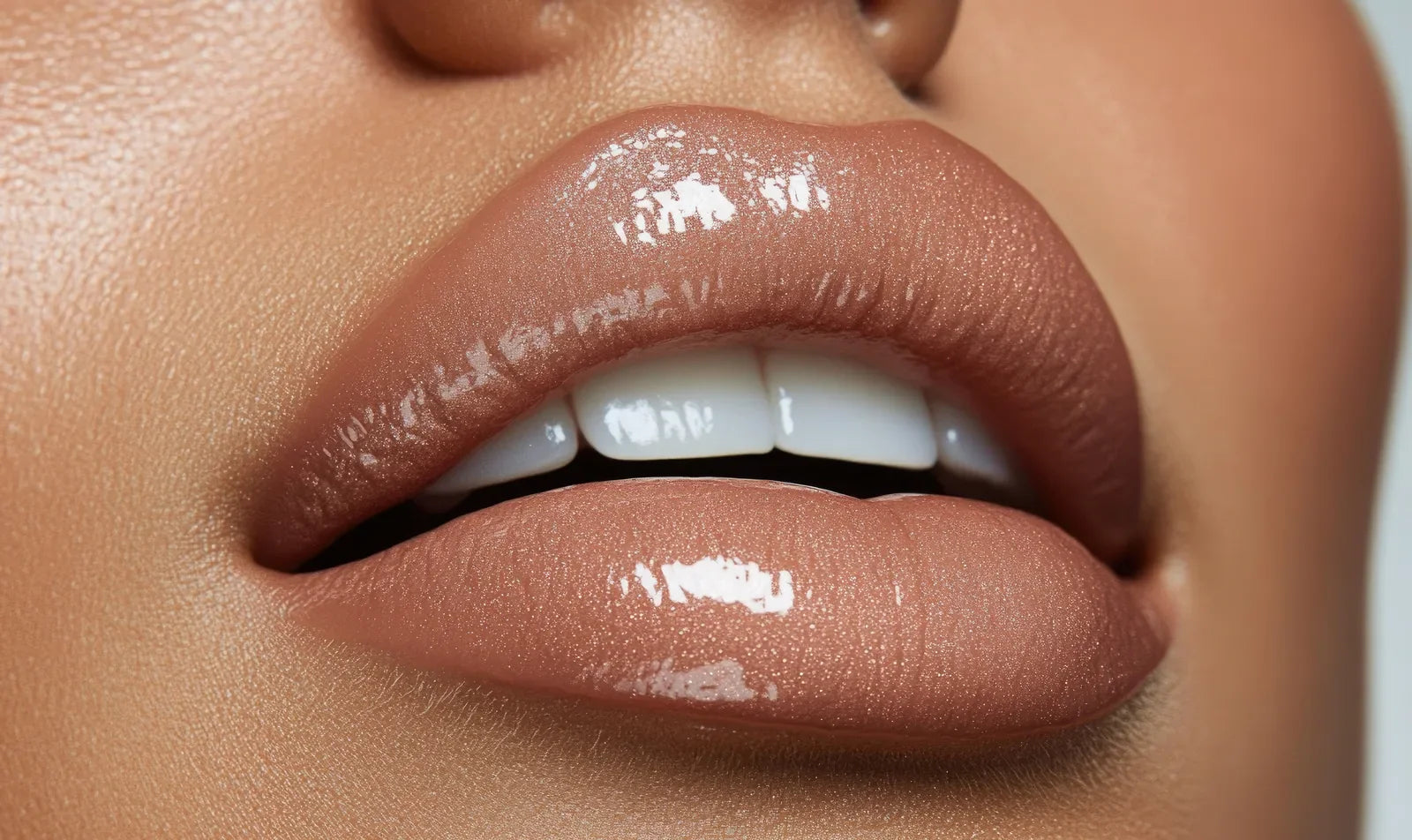 Close-up of smooth, glossy lips with a soft plumped look, the Butter & Blush HydraPlump Lip Balm ritual