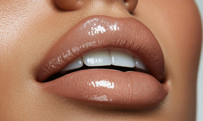 Close-up of smooth, glossy lips with a soft plumped look, the Butter & Blush HydraPlump Lip Balm ritual