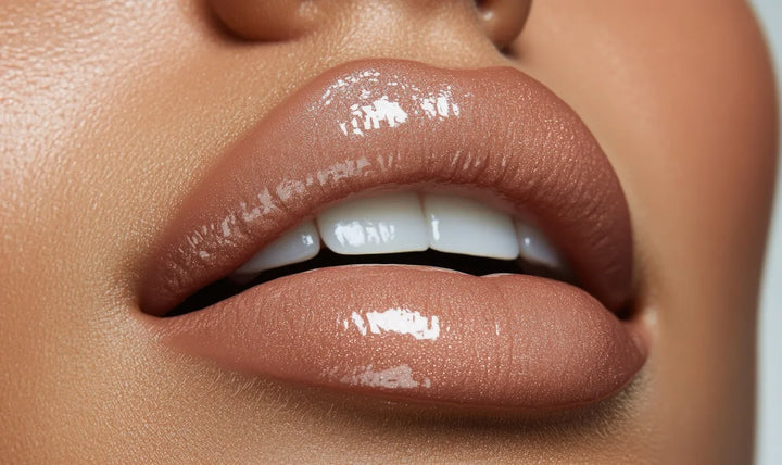 Close-up of smooth, glossy lips with a soft plumped look, the Butter & Blush HydraPlump Lip Balm ritual