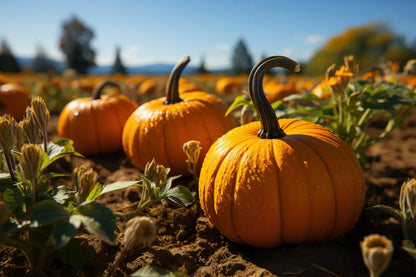 Orange pumpkins ripening in a field under a clear sky