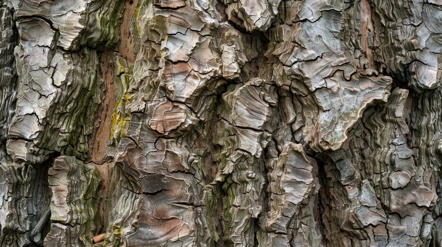 Weathered gray ash bark in close-up, deeply ridged and textured