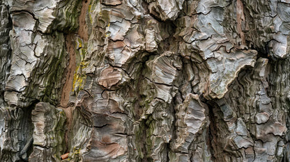 Weathered gray ash bark in close-up, deeply ridged and textured