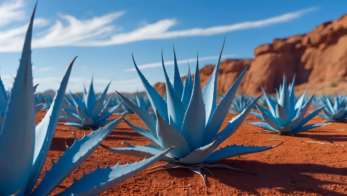 Blue agave plants growing in red desert earth under an open sky