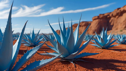 Blue agave plants growing in red desert earth under an open sky