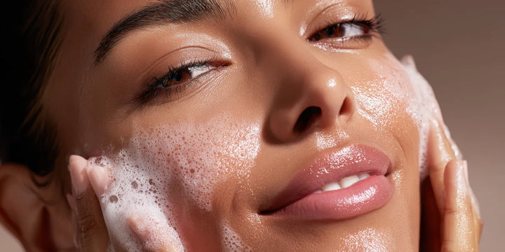 Model with eyes closed and cleansing foam on her cheek, the Frangipani and Agave Nectar Facial Cleanser ritual