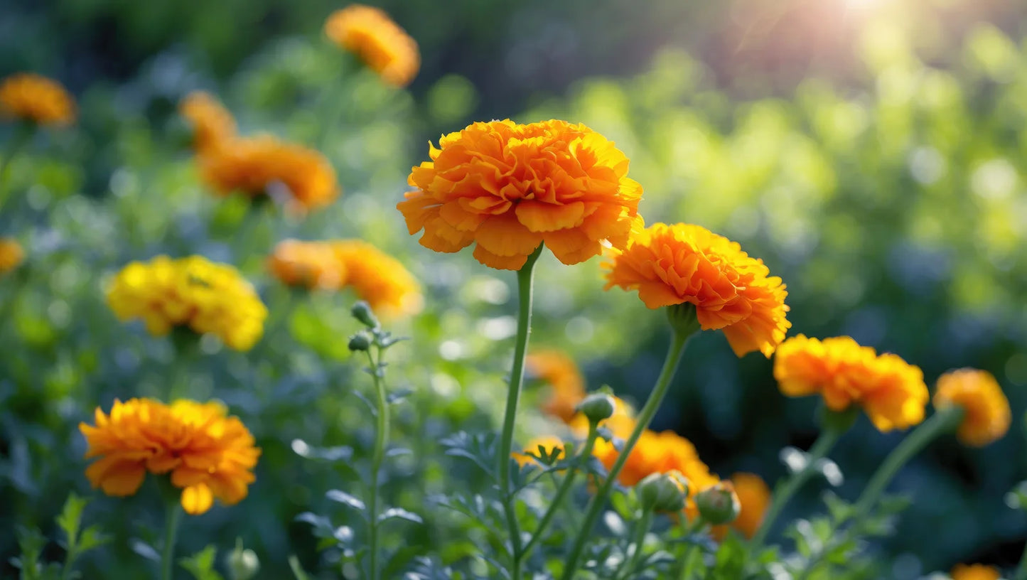 Golden-orange calendula blooms standing in a misty garden
