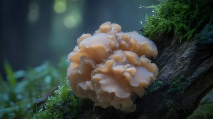 Translucent white snow mushroom growing on a mossy log