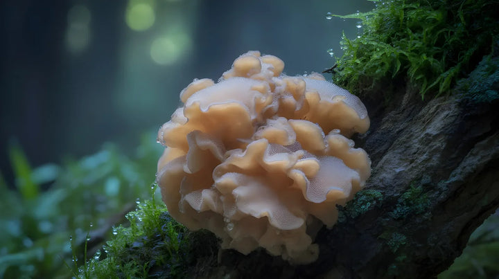 Translucent white snow mushroom growing on a mossy log