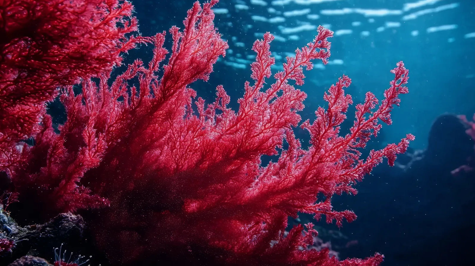 Crimson red algae branching through deep blue water