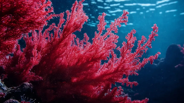 Crimson red algae branching through deep blue water