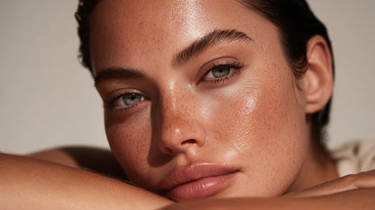 Model with a glass-like, dewy complexion resting her face toward the light, the Illume Glass Skin Gel ritual
