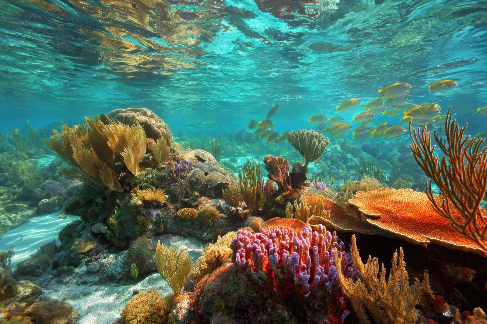 Sunlit coral reef in the clear turquoise shallows of tropical water
