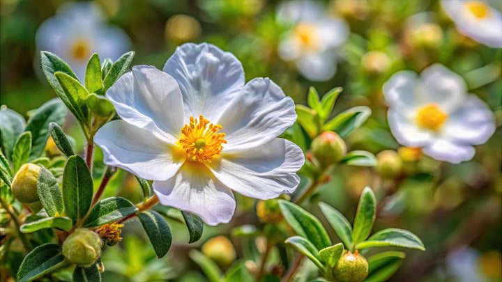White rockrose flower with crinkled petals and a golden center