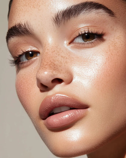 Model with a fresh, glowing complexion in soft studio light, the Keys Marine Glow Gel Mask ritual