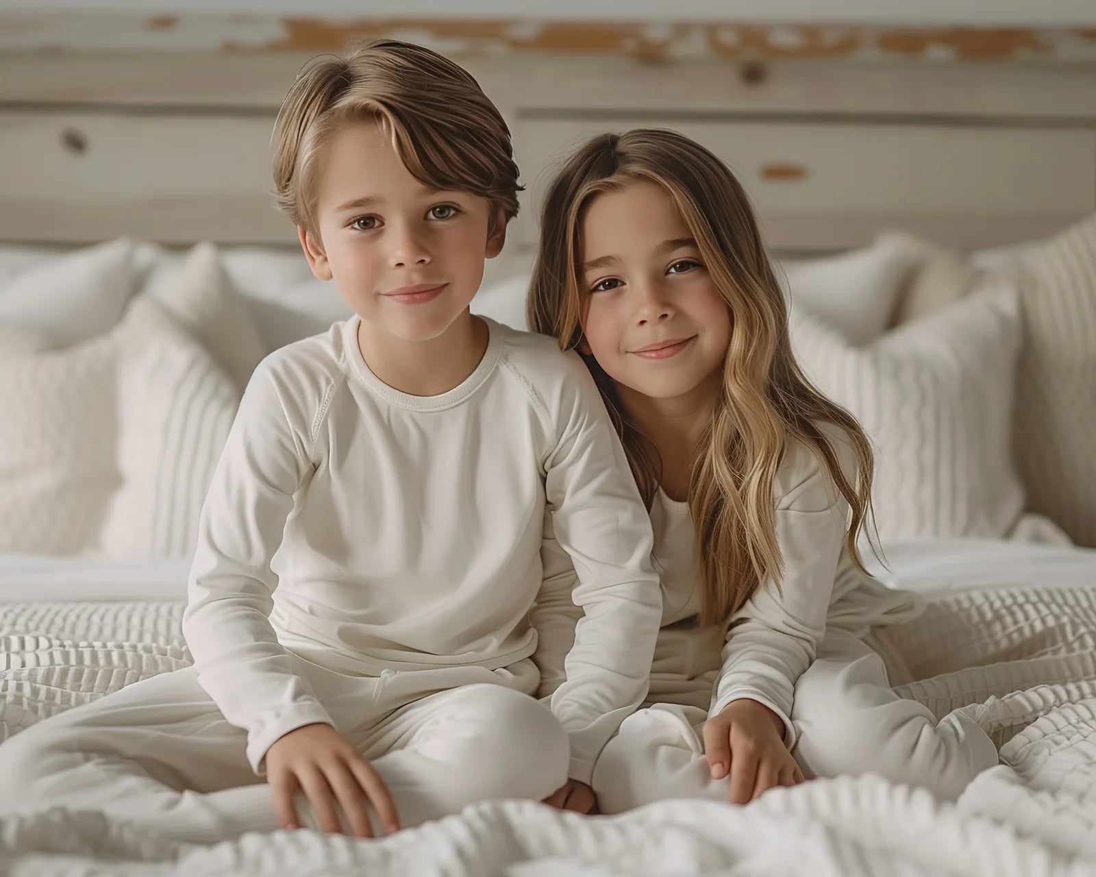 Two young children in white pajamas sitting together on a bed
