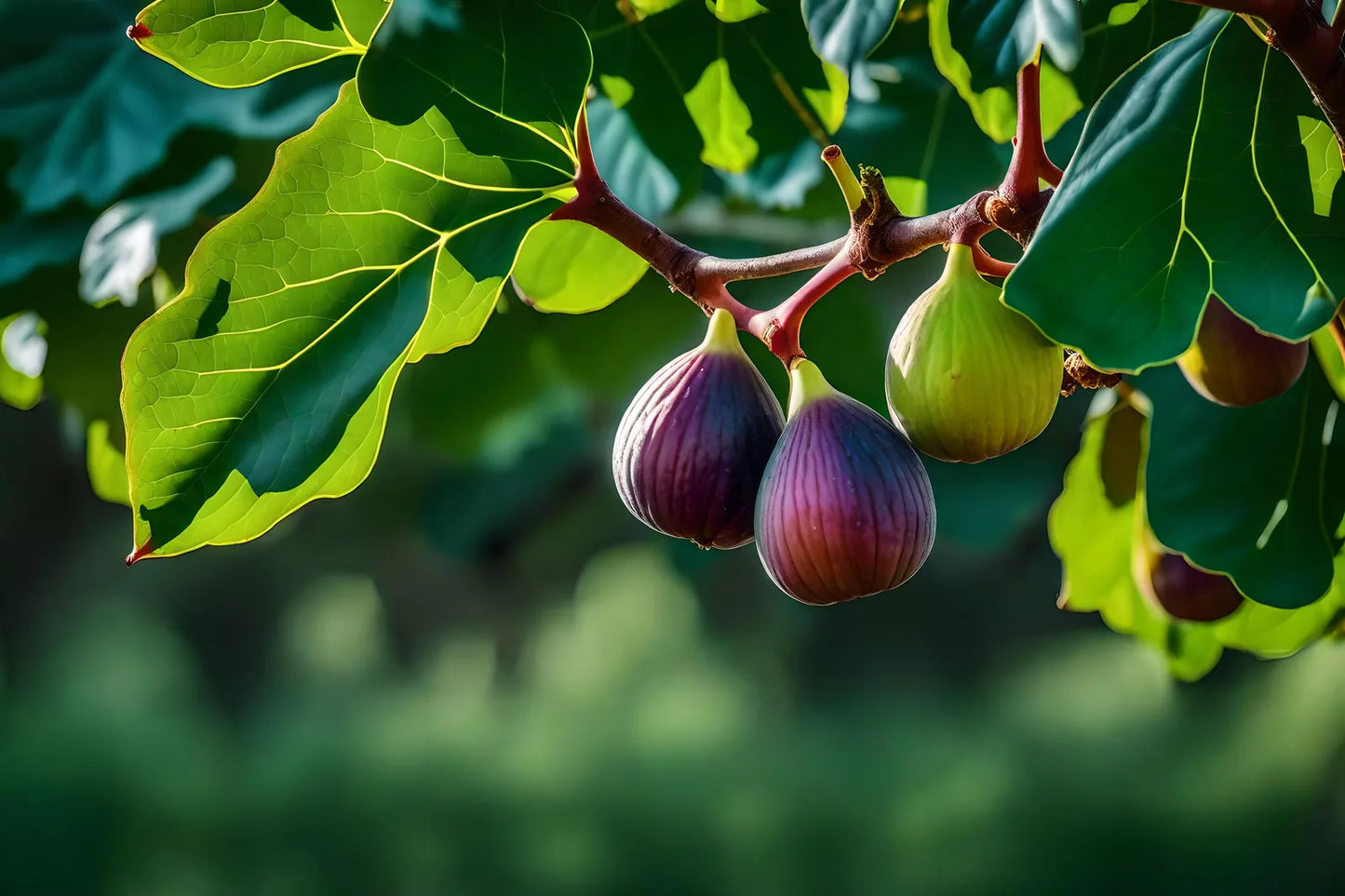 Ripe purple and green figs hanging among broad fig leaves