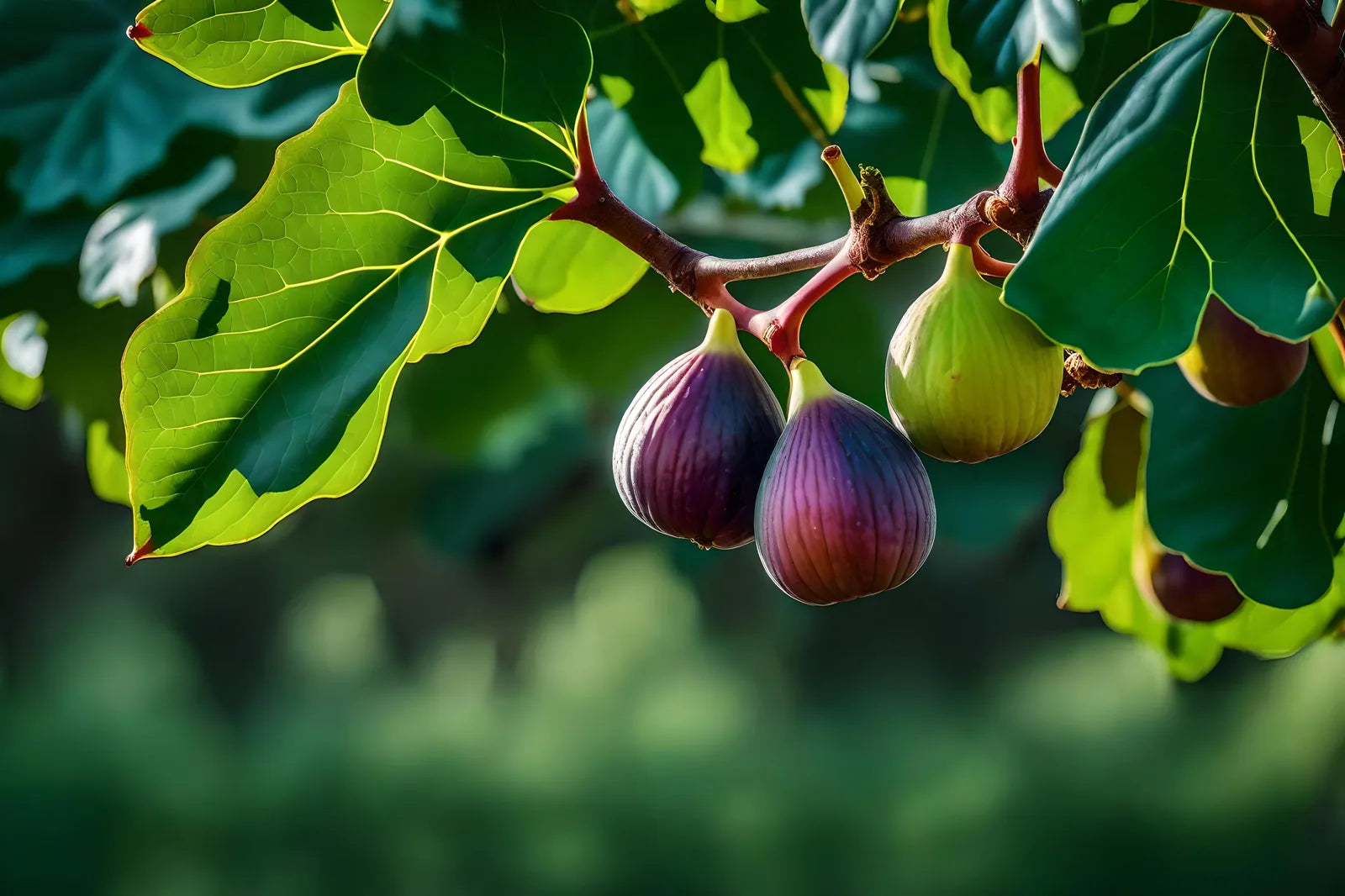 Ripe purple and green figs hanging among broad fig leaves