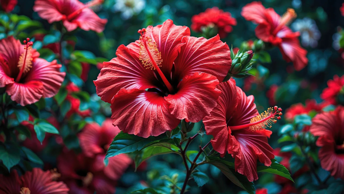 A deep red hibiscus flower in full bloom in a lush garden