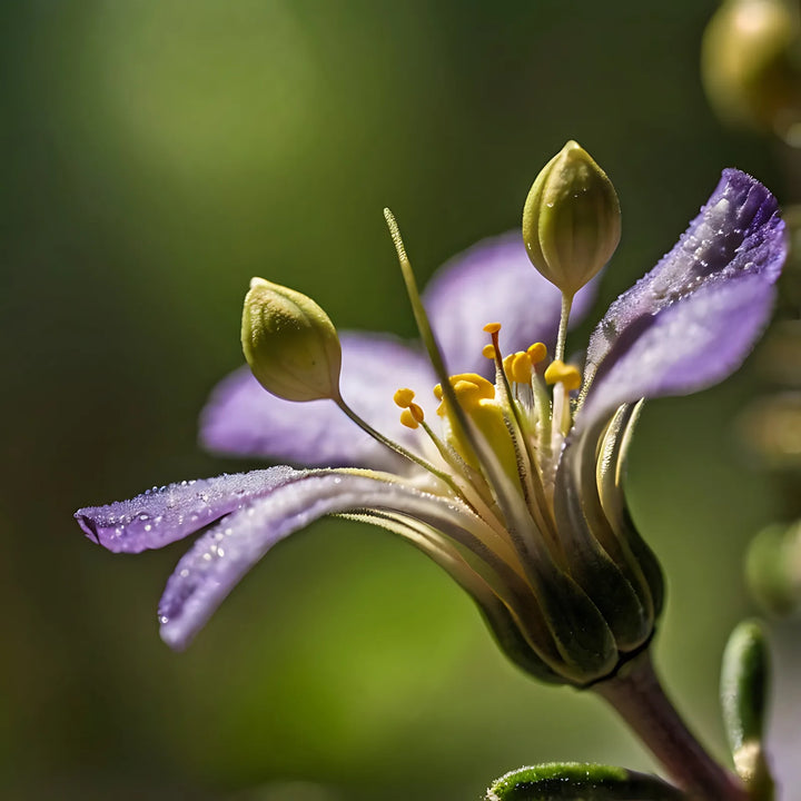 Dew-covered blossom with lilac petals and long golden stamens beside unopened buds