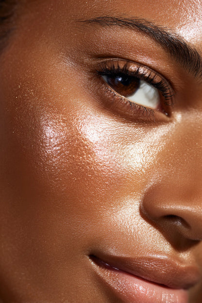 Close-up of a model's luminous, sunlit cheek and eye, the Magnolia Morning Dew Luminance ritual
