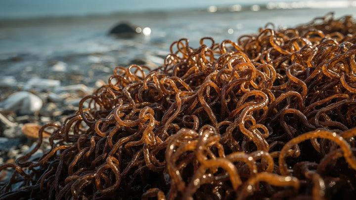 Strands of wet knotted kelp piled on a pebbled shoreline by the sea, the seaweed source of Ascophyllum Nodosum