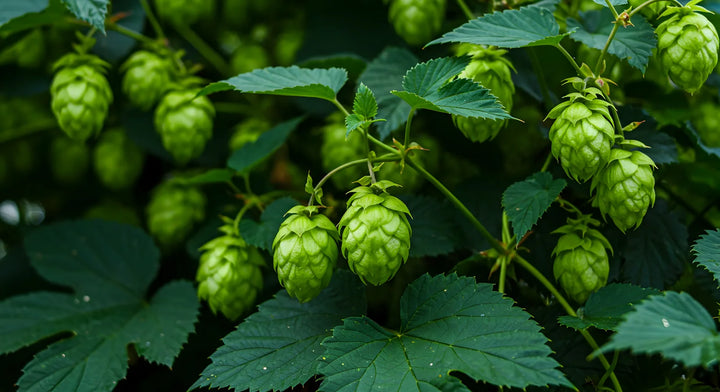 Green hop cones hanging among serrated leaves on the bine
