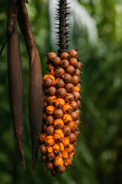 A dense cluster of orange murumuru palm fruits on the tree