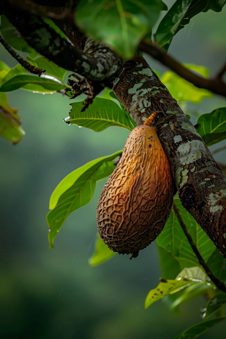 A textured cupuacu pod hanging from a rain-washed branch