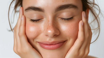Model with eyes closed and hands resting on soft cheeks, the Miracle Exotic Butter Gel ritual