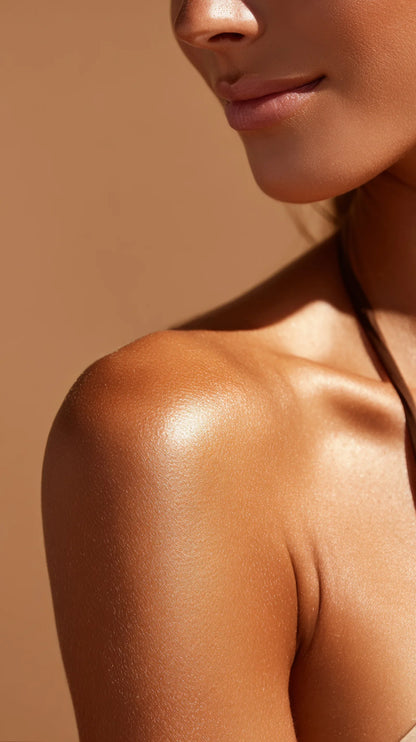 Bare-shouldered model against a warm tan backdrop