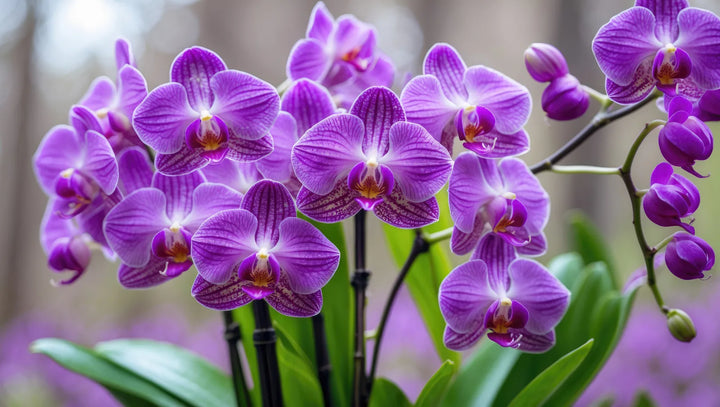 Purple orchid blooms with striped petals against soft green light