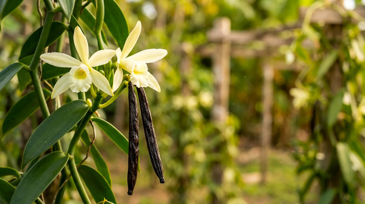 Cream vanilla orchid flower and green vanilla pods growing on the vine
