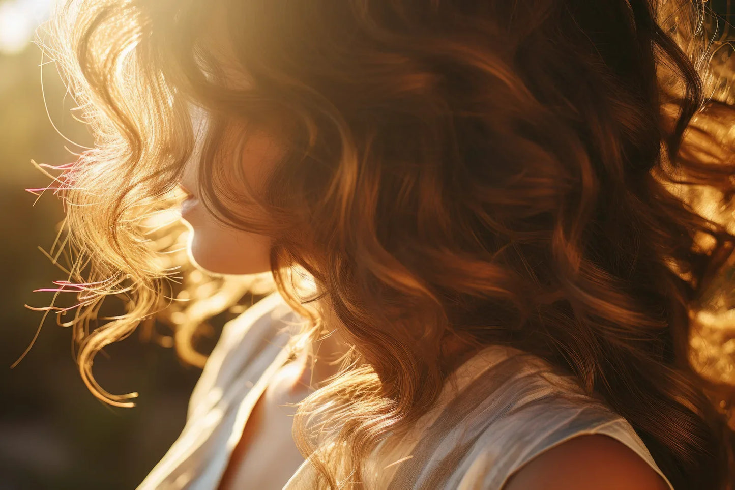 Woman with golden curls in warm sunlight, hair lifted by the breeze