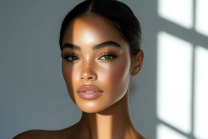 Portrait of a woman with sleek pulled-back hair in soft window light